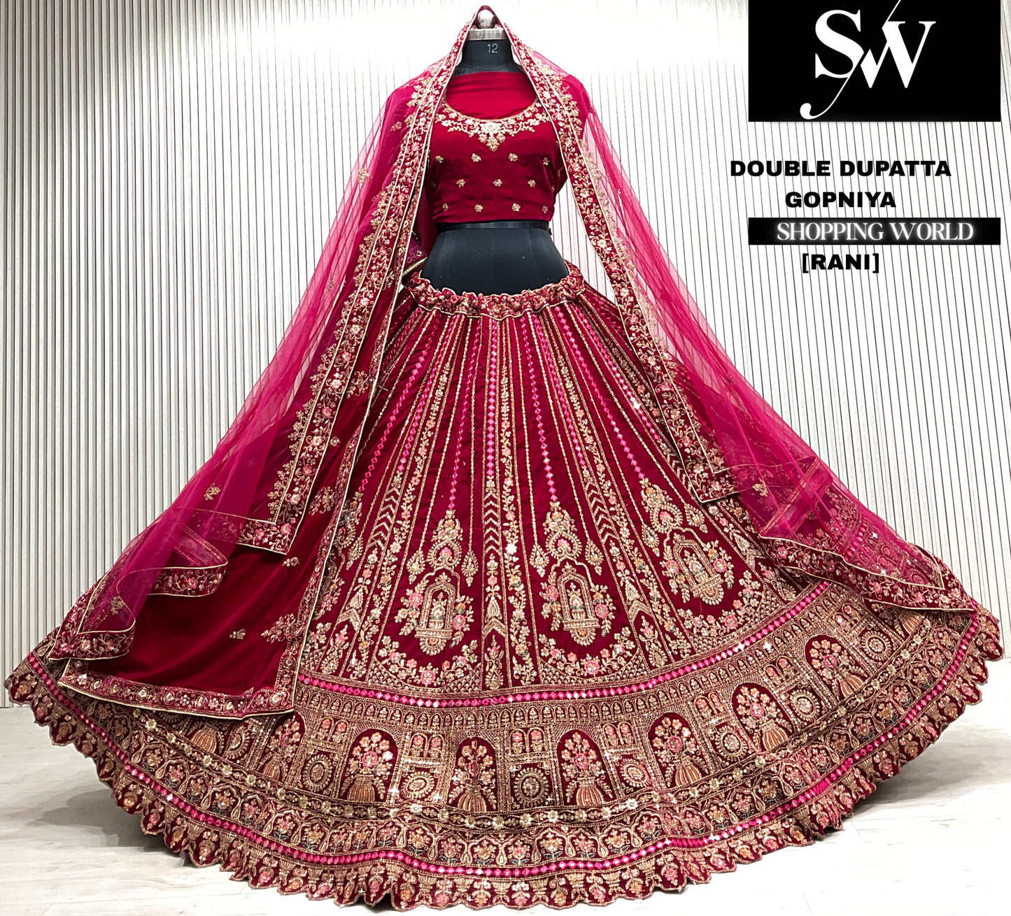 D.maroon velvet bridal double dupatta Lehenga