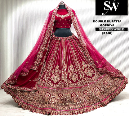 D.maroon velvet bridal double dupatta Lehenga