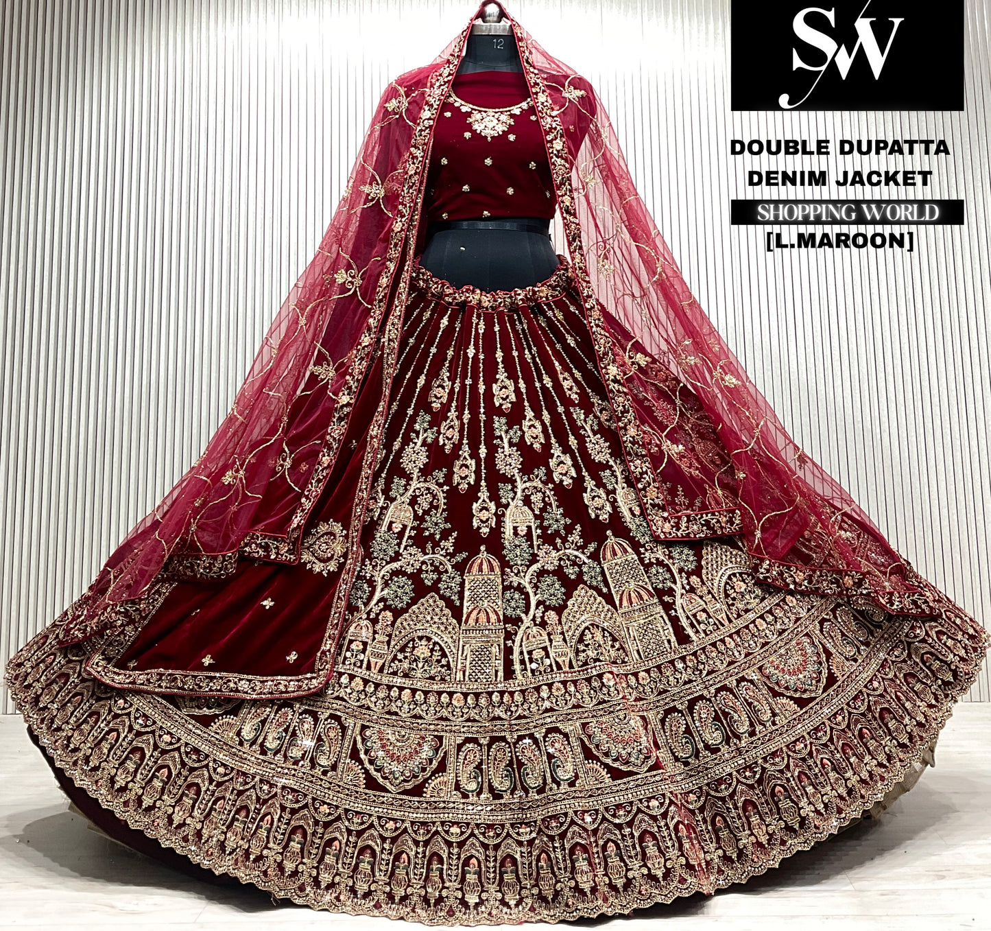 D.maroon velvet bridal double dupatta Lehenga