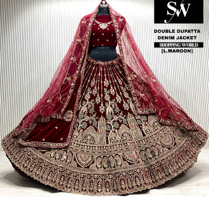 D.maroon velvet bridal double dupatta Lehenga