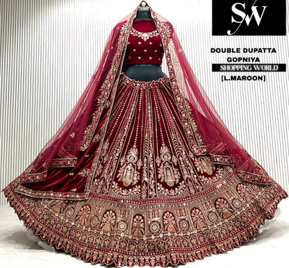 D.maroon velvet bridal double dupatta Lehenga