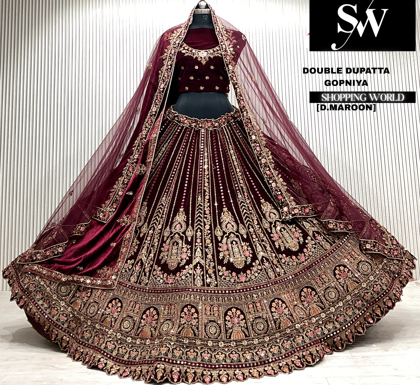 D.maroon velvet bridal double dupatta Lehenga