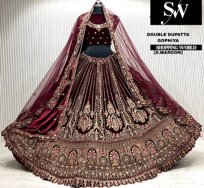 D.maroon velvet bridal double dupatta Lehenga