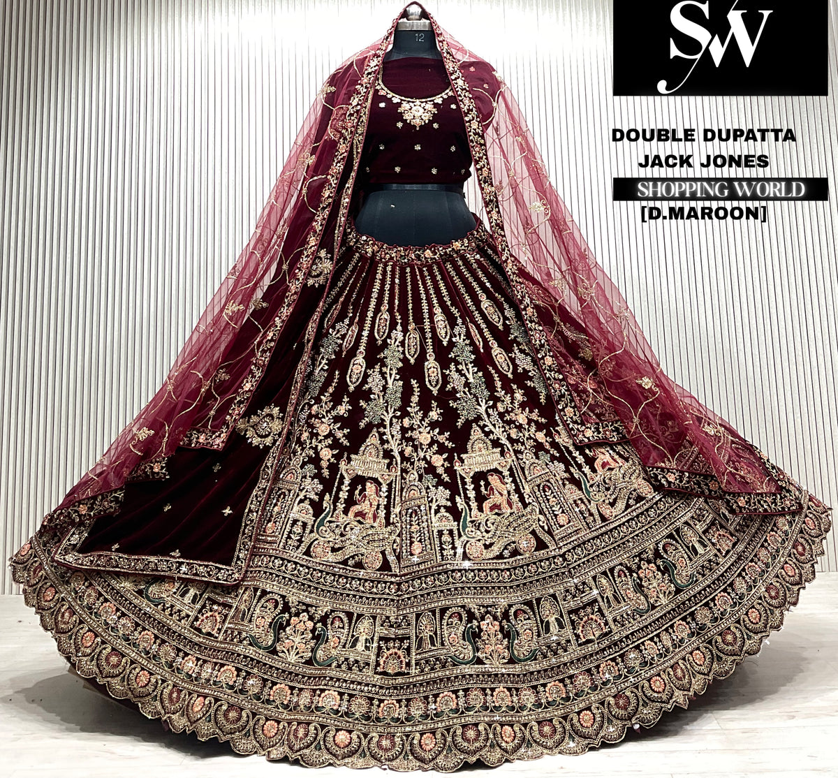 Rani pink velvet bridal double dupatta Lehenga