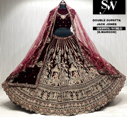 Rani pink velvet bridal double dupatta Lehenga