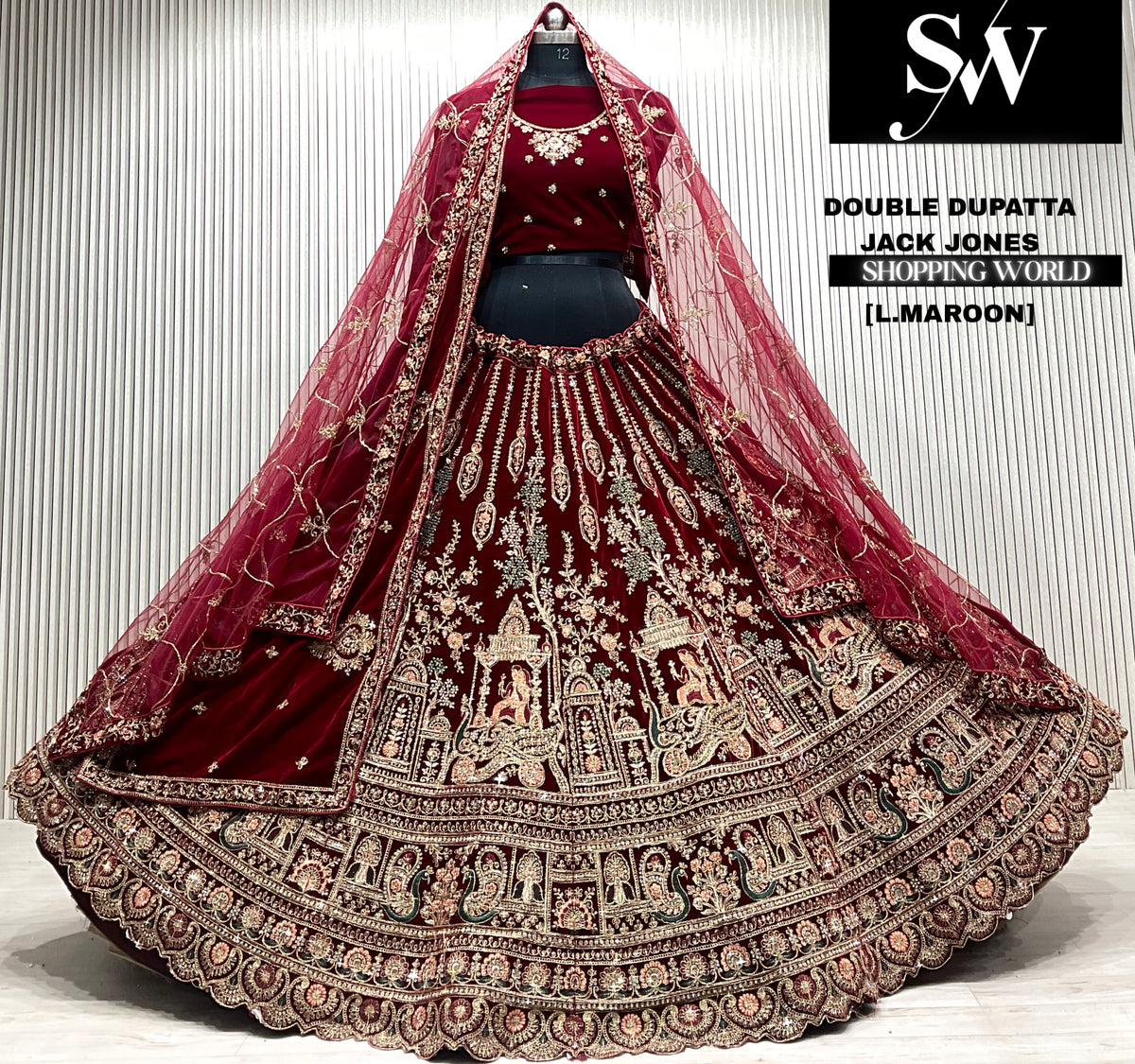 Rani pink velvet bridal double dupatta Lehenga