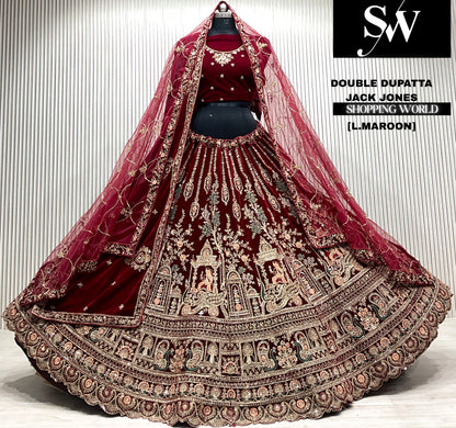 Rani pink velvet bridal double dupatta Lehenga