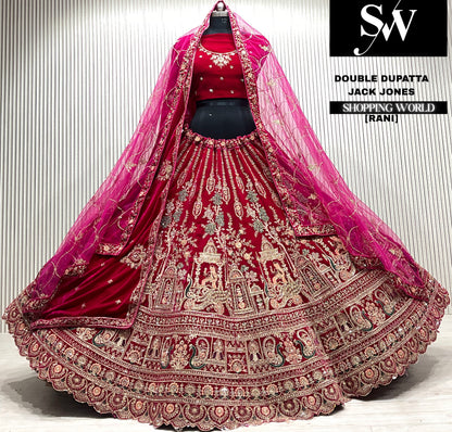 Rani pink velvet bridal double dupatta Lehenga