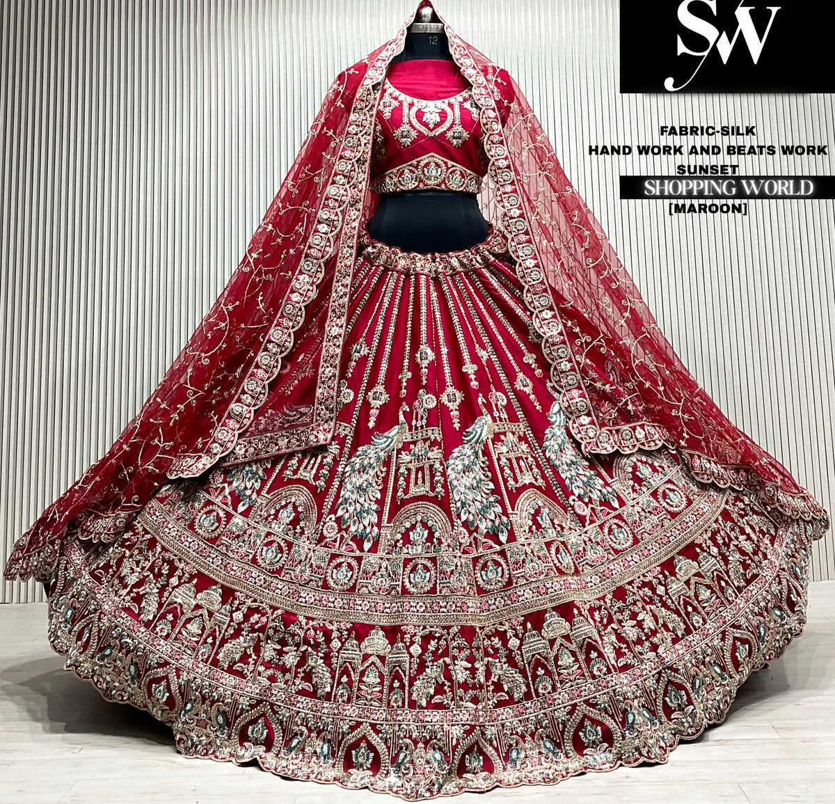Maroon velvet bridal double dupatta Lehenga