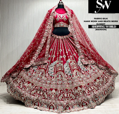 Maroon velvet bridal double dupatta Lehenga