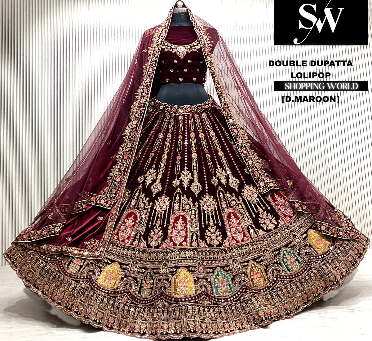 D.maroon velvet bridal double dupatta Lehenga
