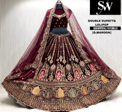 D.maroon velvet bridal double dupatta Lehenga