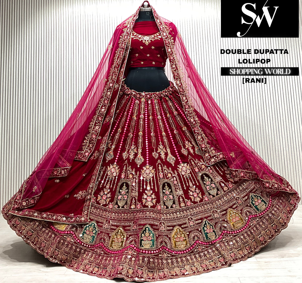 D.maroon velvet bridal double dupatta Lehenga