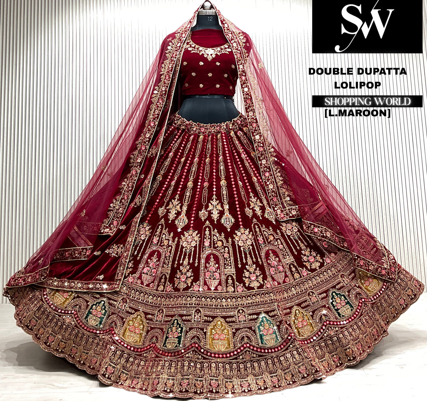 D.maroon velvet bridal double dupatta Lehenga