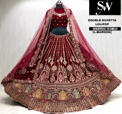 D.maroon velvet bridal double dupatta Lehenga