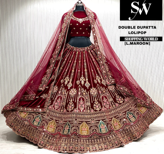 Rani pink velvet bridal double dupatta Lehenga