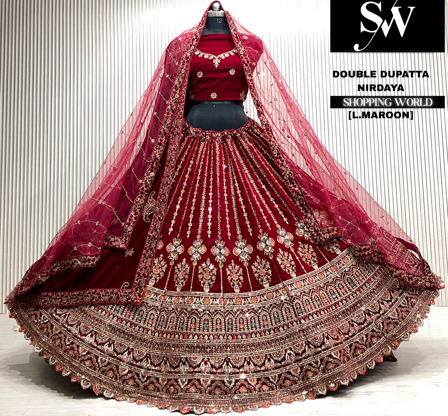 D.maroon velvet bridal double dupatta Lehenga