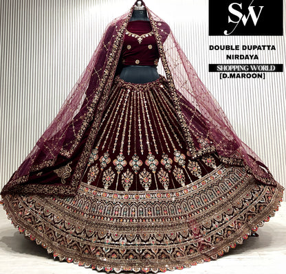 D.maroon velvet bridal double dupatta Lehenga