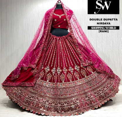 D.maroon velvet bridal double dupatta Lehenga