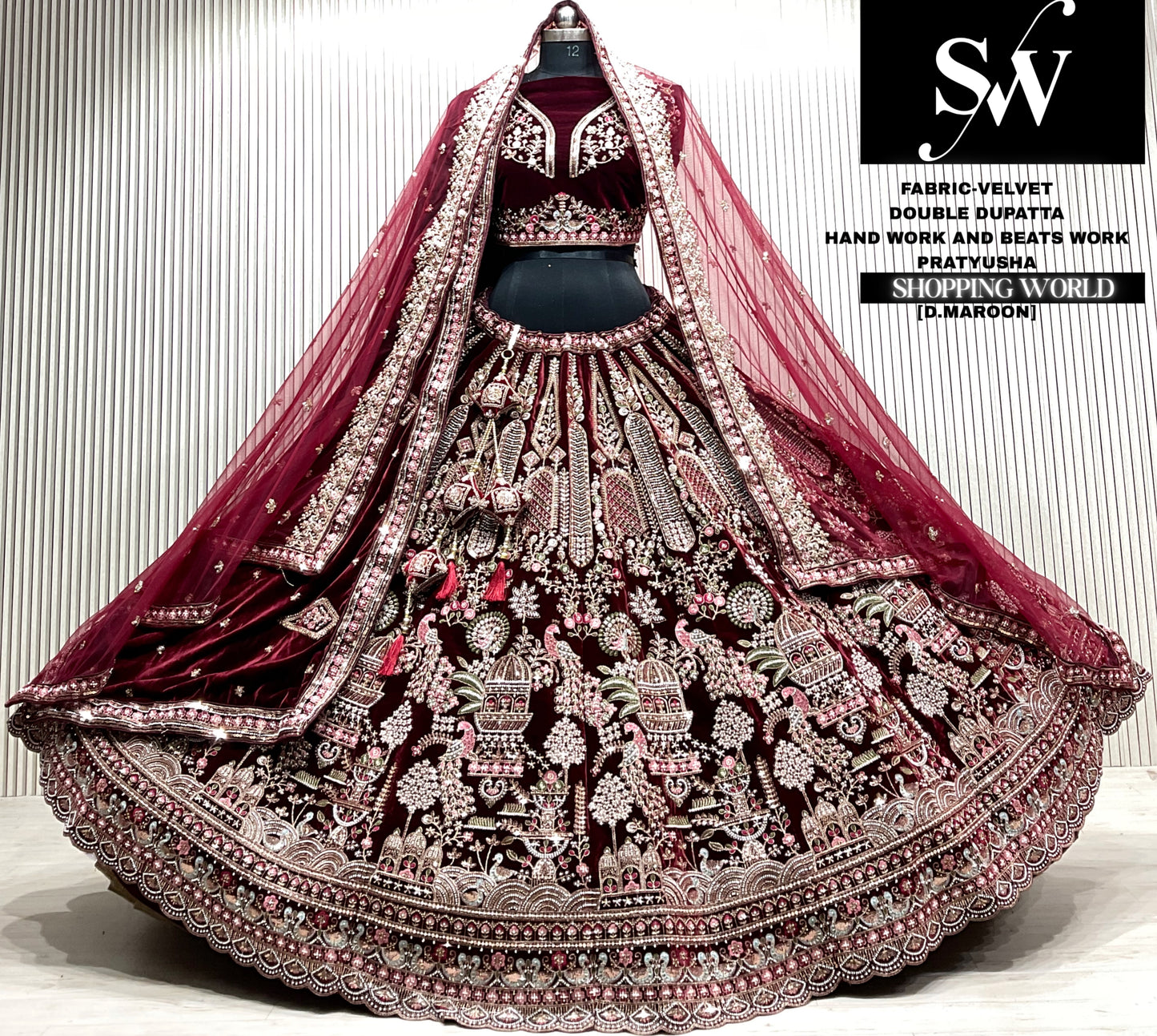 D.maroon velvet bridal double dupatta Lehenga