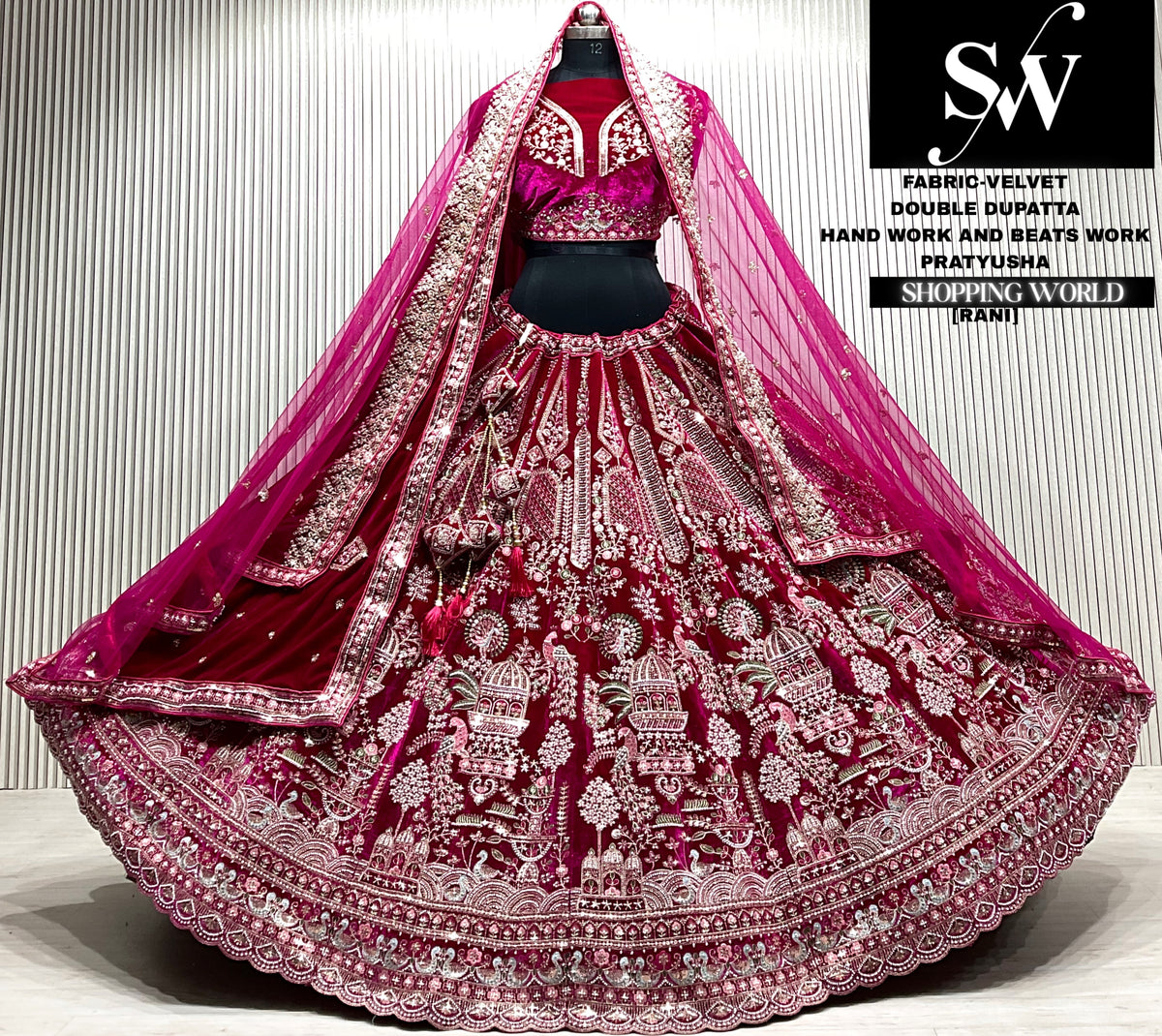 D.maroon velvet bridal double dupatta Lehenga