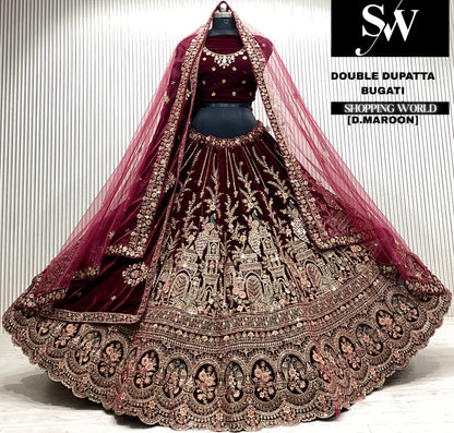 Pink velvet bridal double dupatta Lehenga