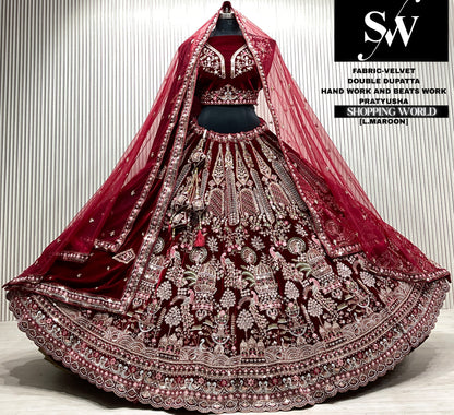 D.maroon velvet bridal double dupatta Lehenga