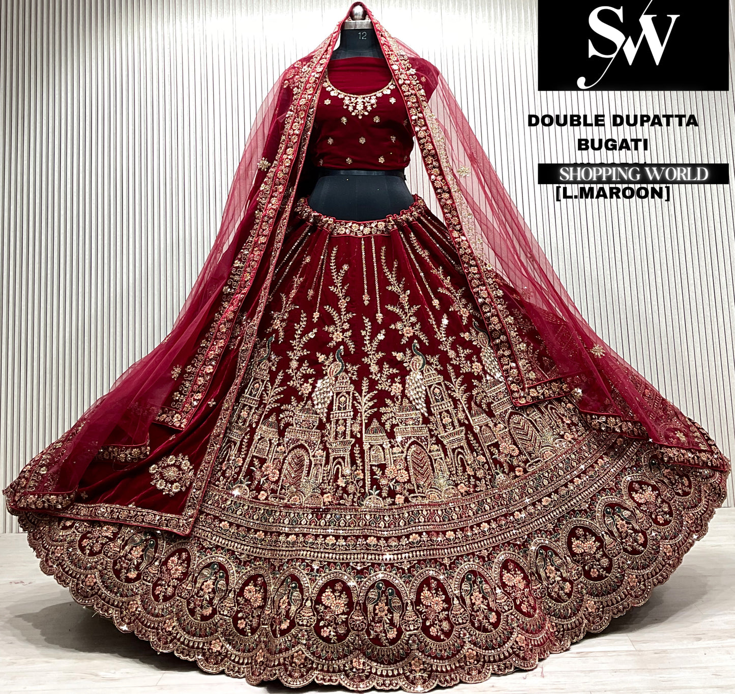 Pink velvet bridal double dupatta Lehenga