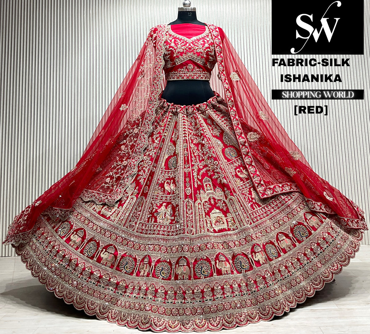Red velvet bridal double dupatta Lehenga