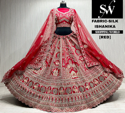Red velvet bridal double dupatta Lehenga