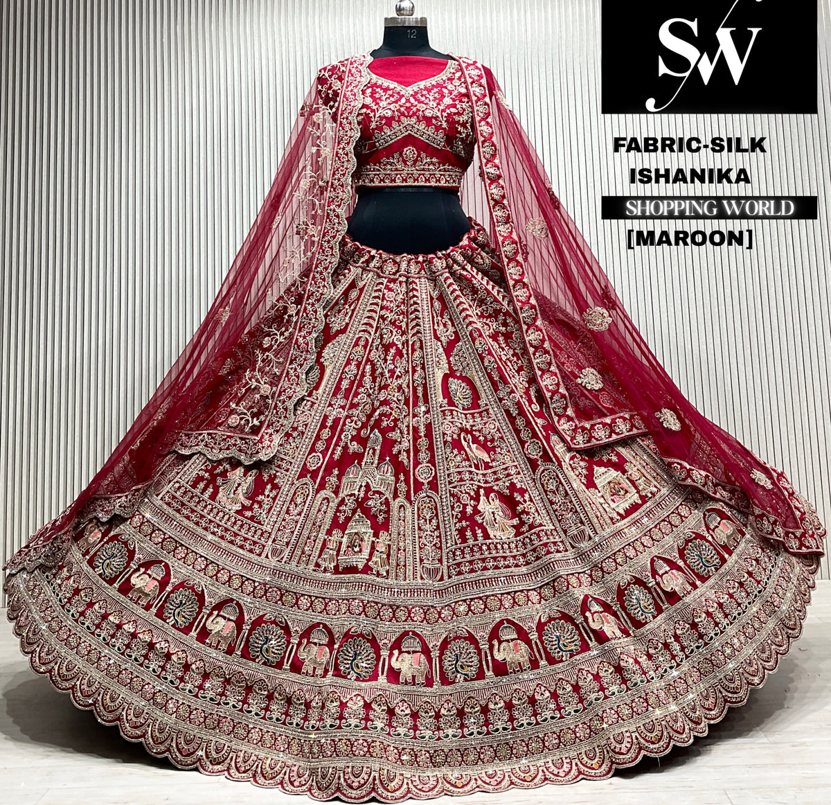 Red velvet bridal double dupatta Lehenga
