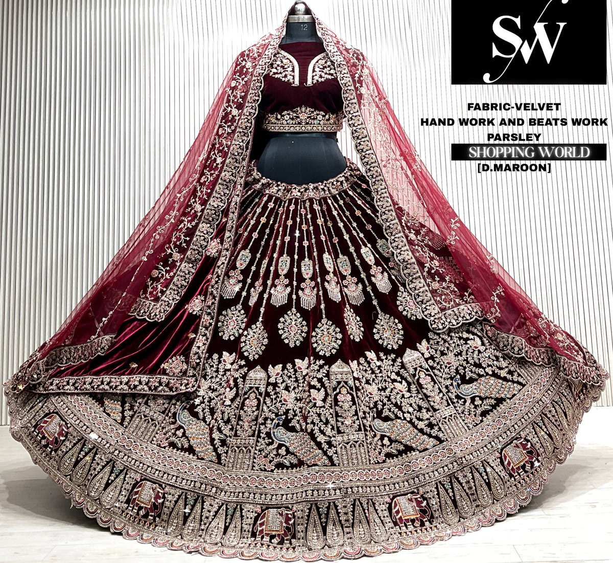 D.maroon velvet bridal double dupatta Lehenga