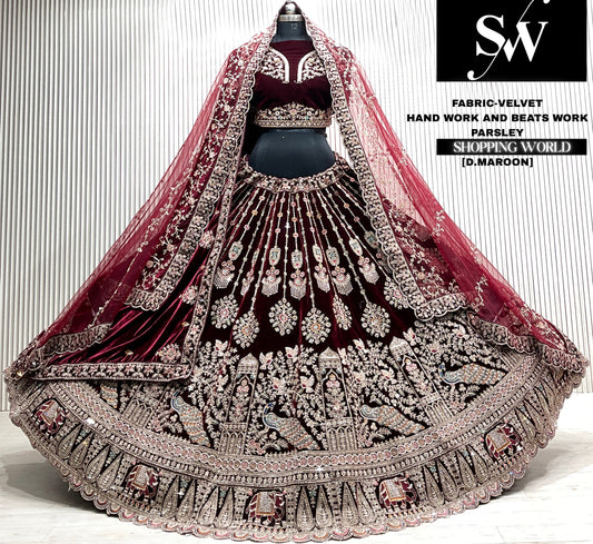 L.maroon velvet bridal double dupatta Lehenga