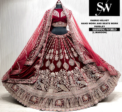 D.maroon velvet bridal double dupatta Lehenga