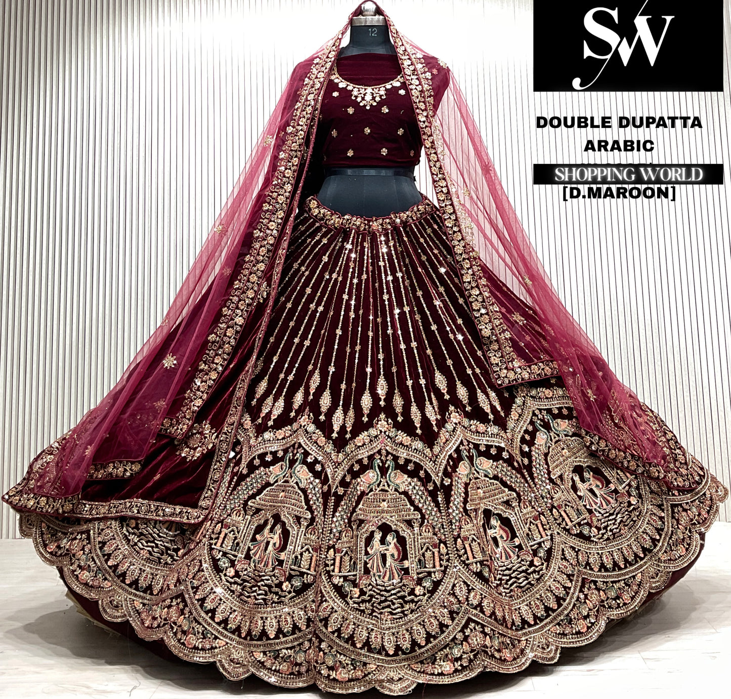 D.maroon velvet bridal double dupatta Lehenga