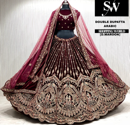 D.maroon velvet bridal double dupatta Lehenga