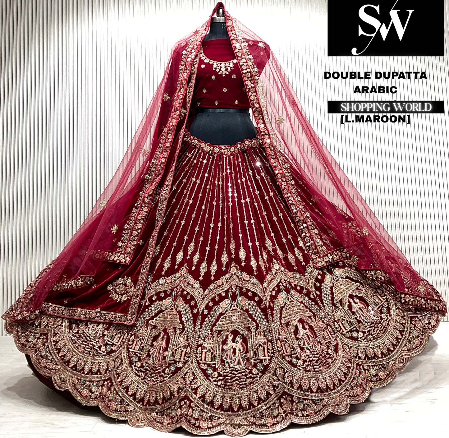 D.maroon velvet bridal double dupatta Lehenga
