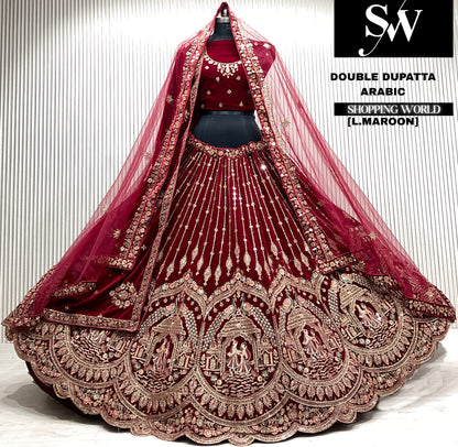 D.maroon velvet bridal double dupatta Lehenga