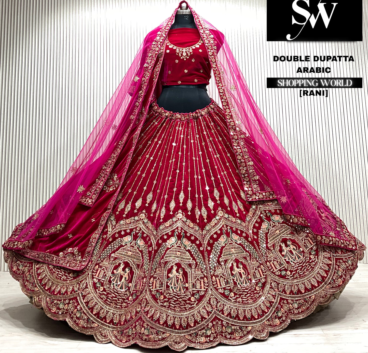 D.maroon velvet bridal double dupatta Lehenga