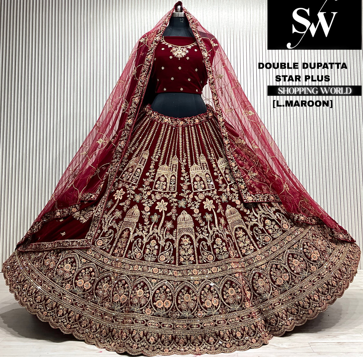 D.maroon velvet bridal double dupatta Lehenga