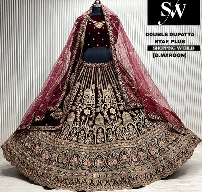 D.maroon velvet bridal double dupatta Lehenga