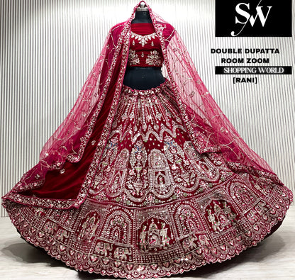 D.maroon velvet bridal double dupatta Lehenga