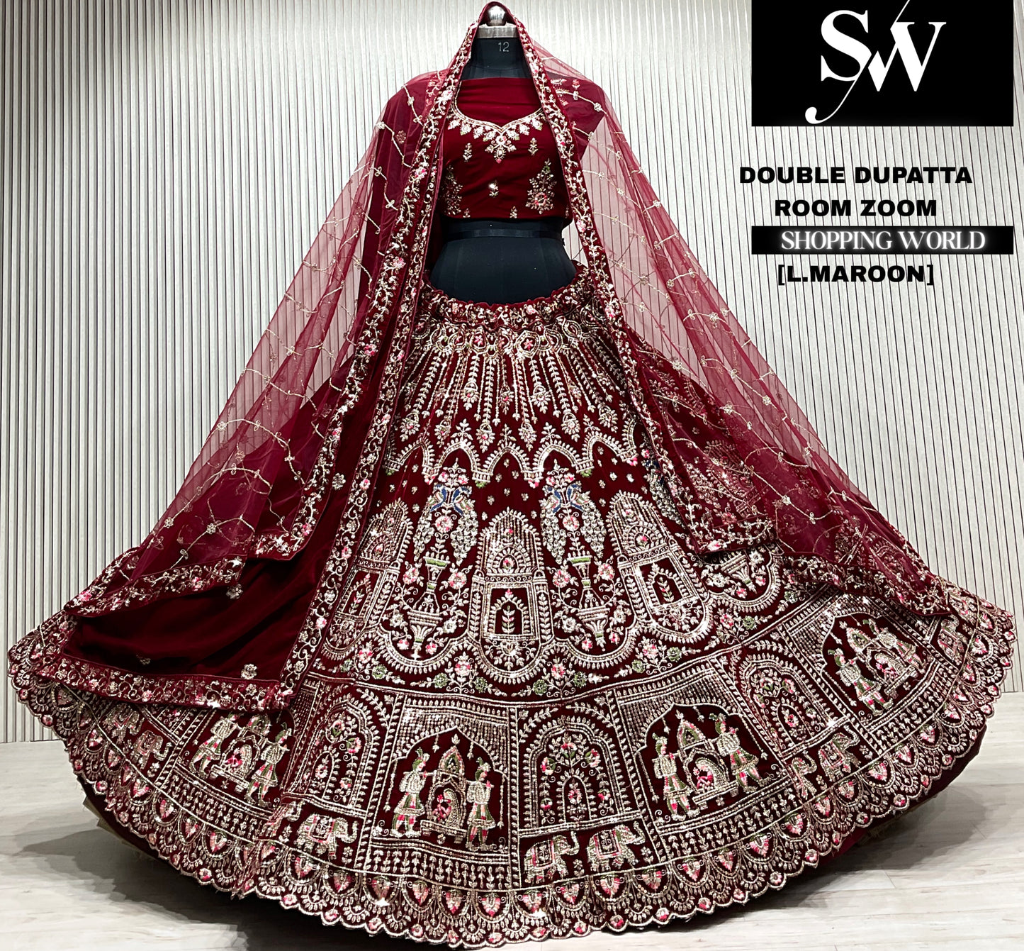 D.maroon velvet bridal double dupatta Lehenga