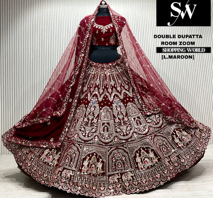 D.maroon velvet bridal double dupatta Lehenga