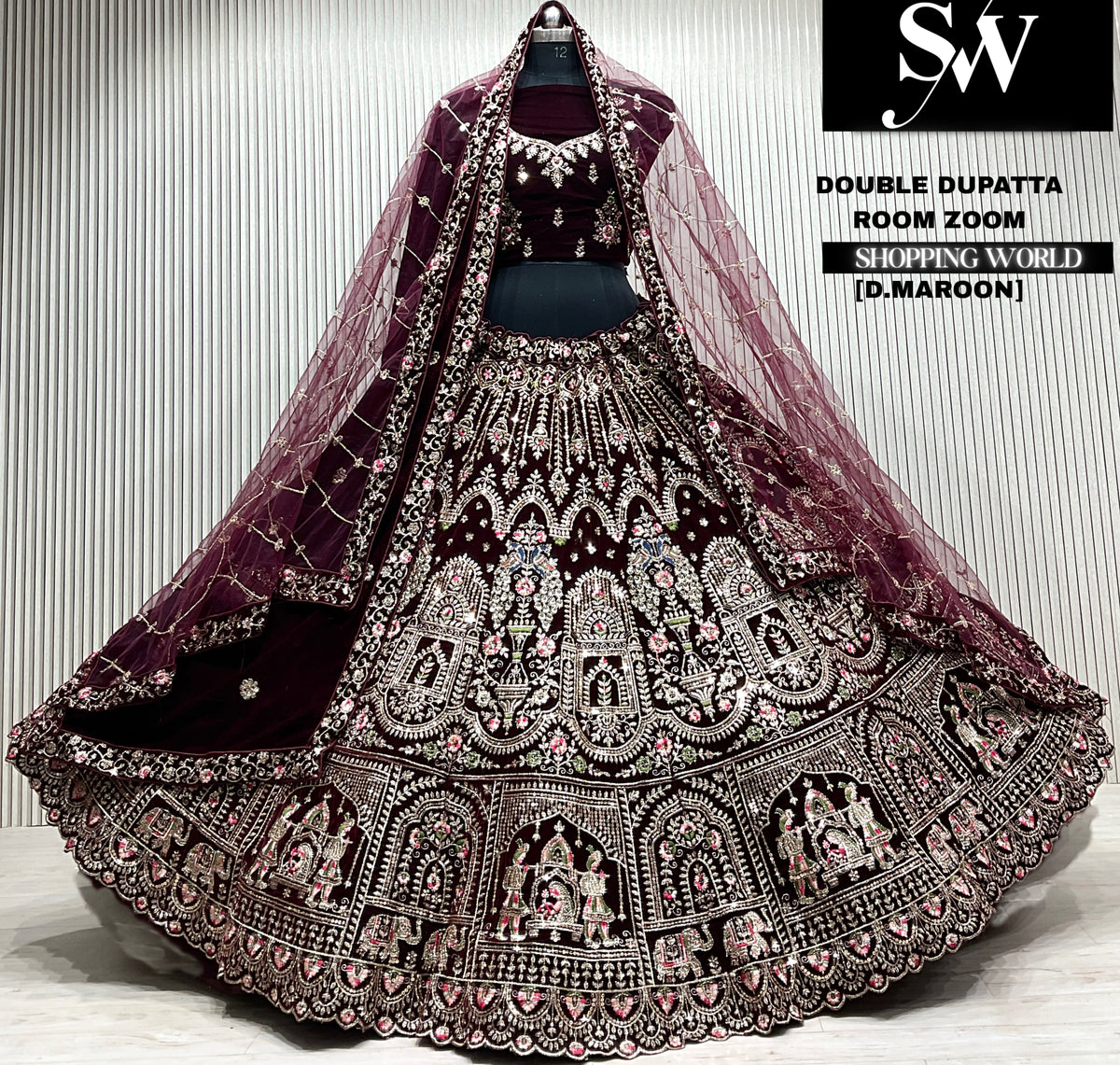 D.maroon velvet bridal double dupatta Lehenga