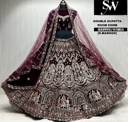 D.maroon velvet bridal double dupatta Lehenga