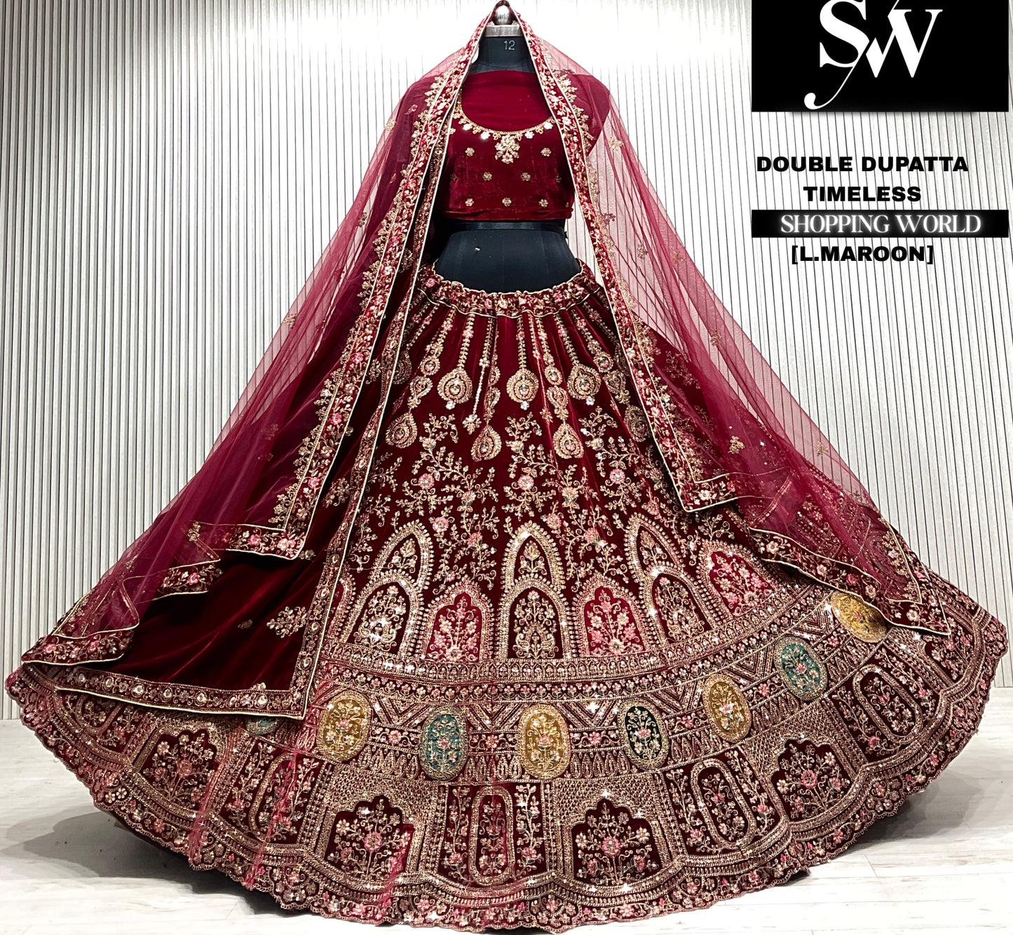 D.maroon velvet bridal double dupatta Lehenga