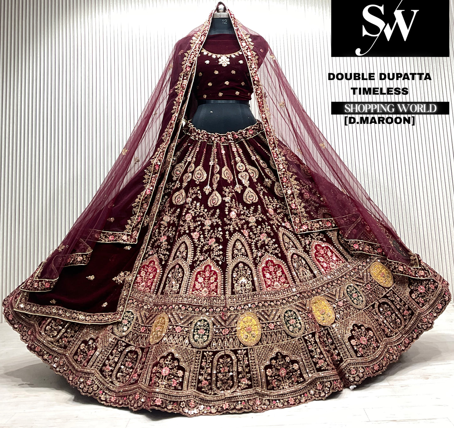 D.maroon velvet bridal double dupatta Lehenga