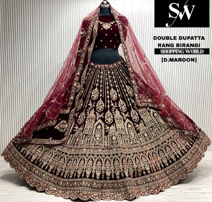 D.maroon velvet bridal double dupatta Lehenga