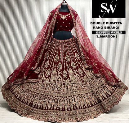 D.maroon velvet bridal double dupatta Lehenga